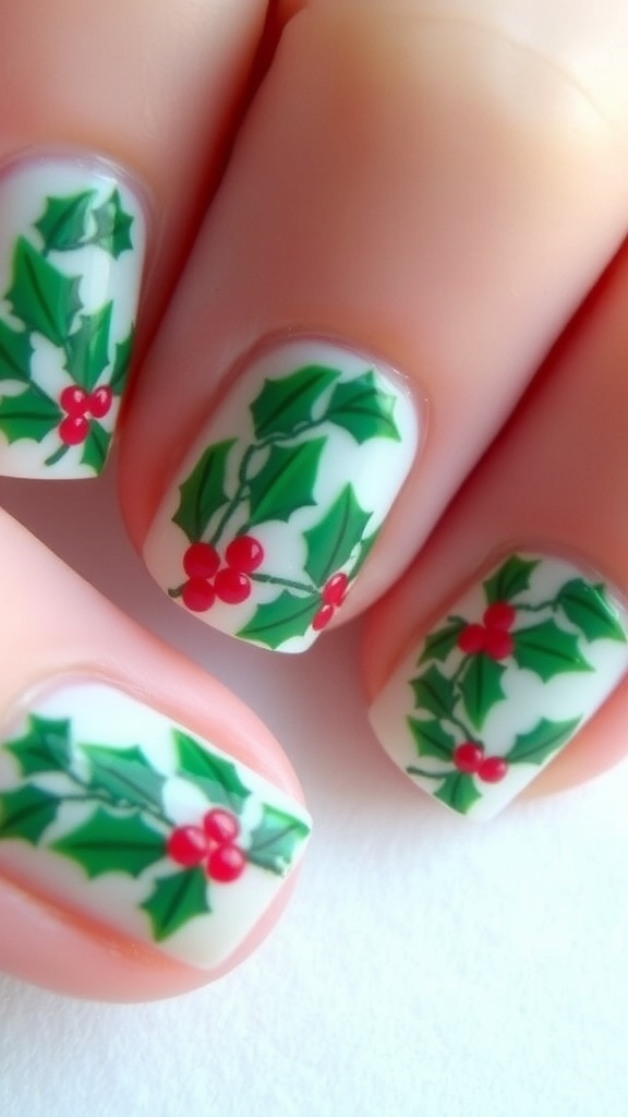 Short nails with holly leaves and berries nail art for Christmas.